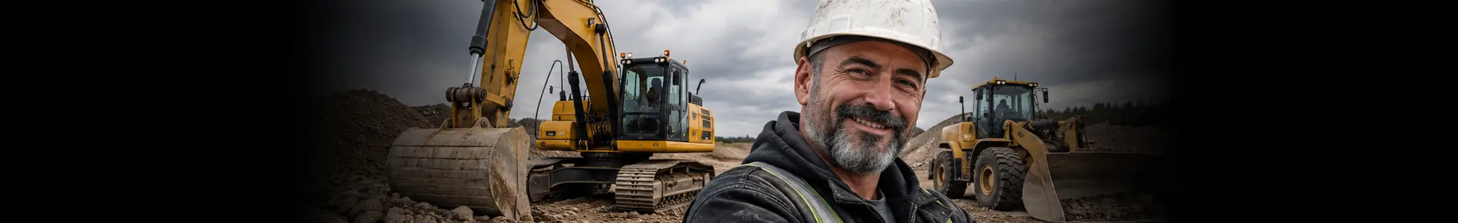 Opérateur au casque devant une excavatrice sur un chantier