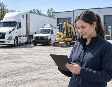Gestionnaire de flotte mixte, tablette en main, devant un camion, un fourgon de service et une pelle mécanique