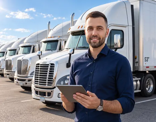 Gestionnaire de flotte devant ses camions, tablette en main
