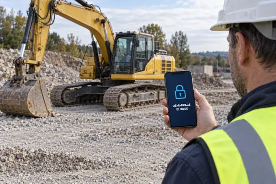 Démarrage bloqué à distance depuis un téléphone devant une excavatrice
