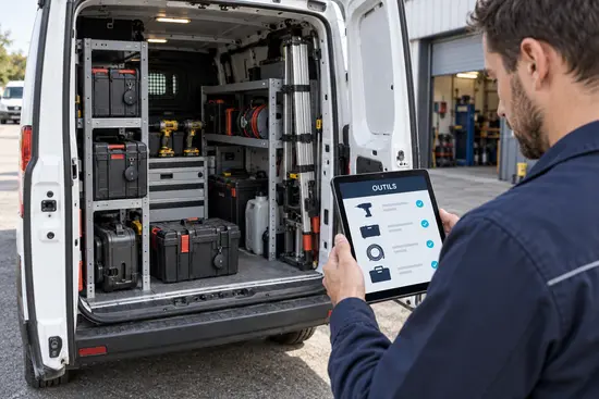 Inventaire d'outils consulté sur une tablette devant un fourgon